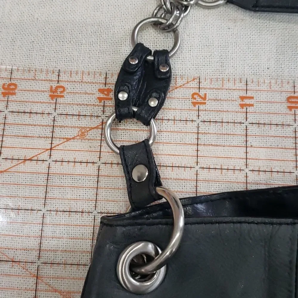 Franco Sarto Purse Hobo Distressed Leather Black Silver Link Hardware Tote